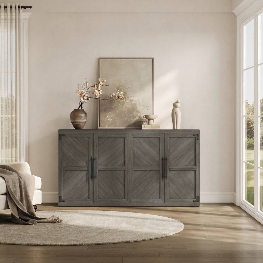 Aparador SICOTAS con 4 puertas, aparador moderno con almacenamiento y estantes ajustables, gran gabinete de almacenamiento tipo credenza - Gris ceniza - Ver 1