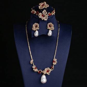 5件套，金色底座，绿色/红色/粉色/银色/多种颜色可选，时尚/奢华，女士珠宝，耳环，项链，手链，戒指，女士配饰，女士珠宝配饰，钻石项链，镶嵌立方氧化锆，花朵造型，女士耳环，女士项链，女士手链，女士戒指，立方氧化锆项链，适合女士/新娘/伴娘，婚礼/宴会/派对佩戴，女士时尚珠宝，女士珠宝套装，配饰套装，礼品