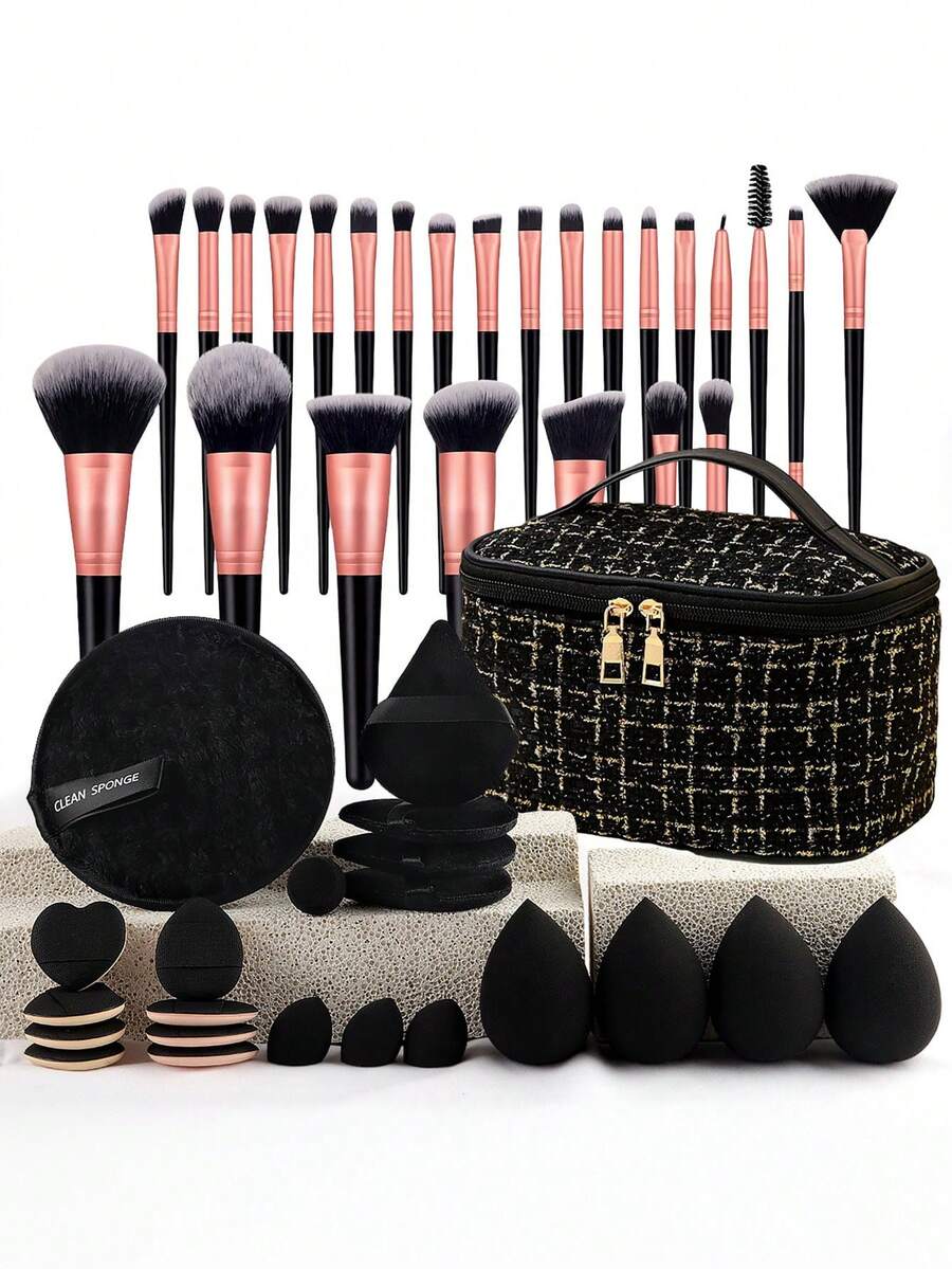 47 PIEZAS Juego de herramientas de maquillaje, que incluye: 1 bolsa de cosméticos y artículos de tocador con cremallera multifuncional impermeable + 25 piezas de juego de brochas de maquillaje + 4 esponjas de maquillaje + 4 mini esponjas de maquillaje + 4 polveras triangulares + 8 mini polveras de cojín de aire + 1 herramienta de limpieza de brochas de maquillaje, juego de brochas, juego de brochas de maquillaje, juego de maquillaje completo, juego de brochas de maquillaje, kit de maquillaje completo, juego de brochas, juego de brochas de maquillaje, juego de regalo de maquillaje, juego - Multicolor - Ver 1