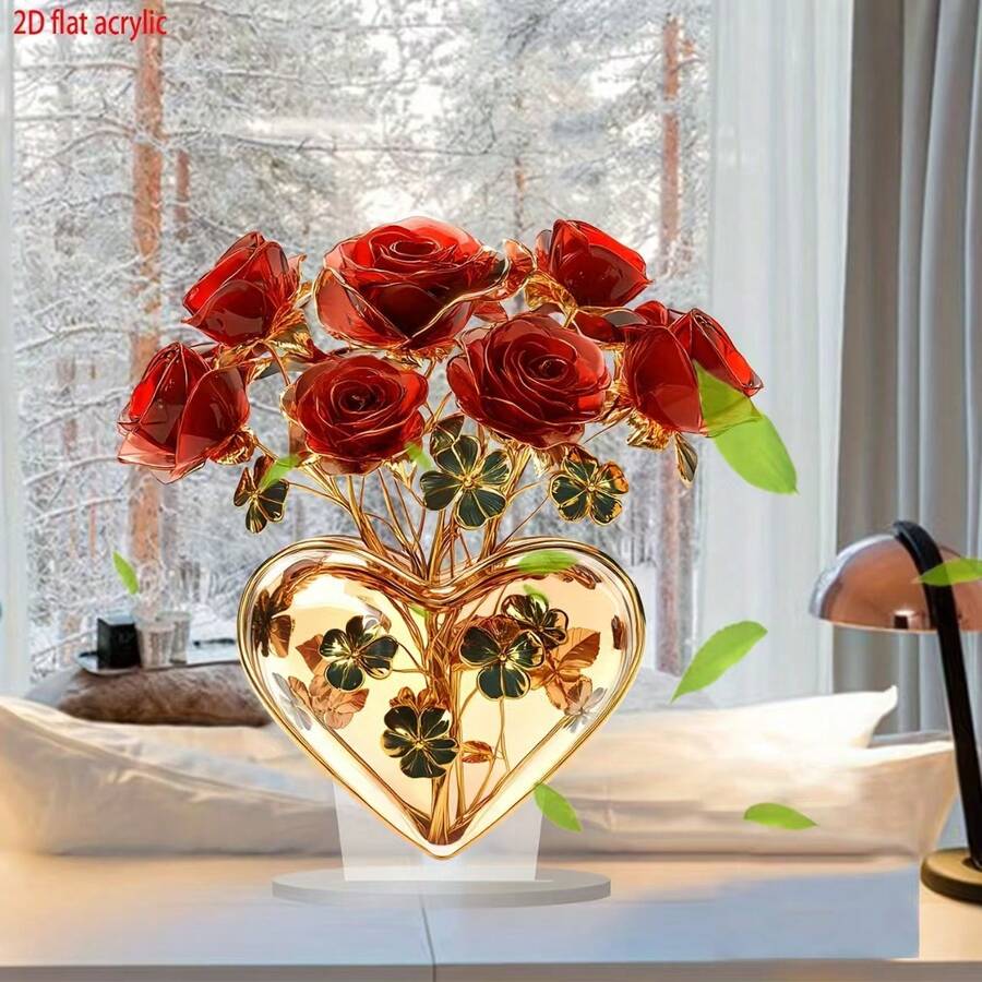 Adorno acrílico con corazón y rosa - Perfecto para el Día de San Valentín, decoración del hogar, oficina y cafetería, sin necesidad de energía, decoración de San Valentín