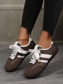 Brown & White Contrast Satin Bow Sneakers, Retro Striped Casual Shoes, Soft Sole Comfortable, Versatile Daily Wear - Brown - View 6