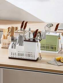 1pc Multi Functional Kitchen Utensil Storage Box With Drainage - Durable Plastic Cutlery Rack, Detachable Storage Box For Chopsticks, Spoons, Forks, Knives, Etc. - Space Saving Countertop Storage Rack