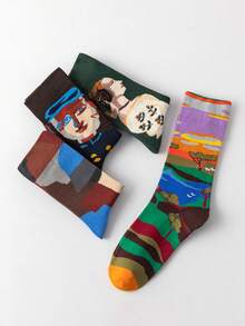4 Pairs Spring/Autumn Personalized Portrait & Landscape Painting Style Mid-Calf Socks, Fashionable Street Style Couples Socks, Artistic & Unique Design Socks - Multicolor - View 6