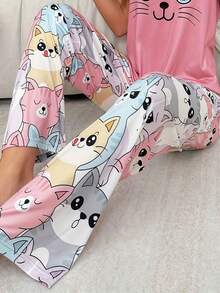 Spring/Summer New Pastel Cute Cat Print Pajama Pants, Soft & Healing Loungewear Sleepwear Pants For Women - Multicolor - View 4