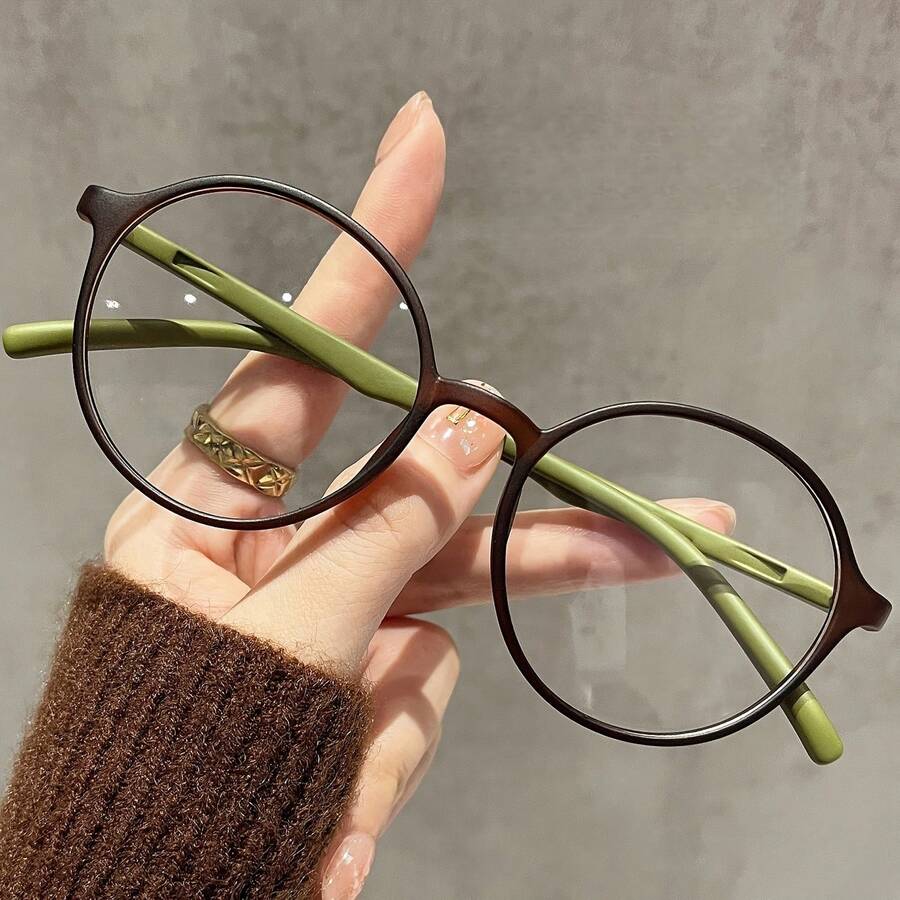 1pc Women's Lightweight Minimalist Round Frame Glasses - Brown And Green Color Scheme, Non-Prescription, Clear Lenses, Suitable For Everyday And Occasions, Streamlined Design - Multicolor - View 1