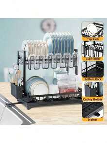 Dish Rack, 2 Tier Dish Drying Rack Dish Drainers For Kitchen Counter Storage Cutlery Holder Home Carbon Steel For Dishes,Cups,BowlsSpace-Saving Design Suitable For Women In Apartments Mothers Day - Black - View 4