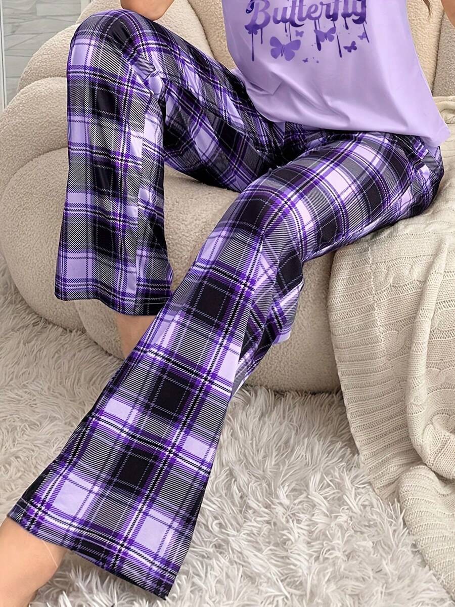 新款春夏梦幻紫色格子睡裤，柔软舒适家居服，休闲宽松居家裤，女士睡衣系列 - 紫羅蘭色 - 查看 1
