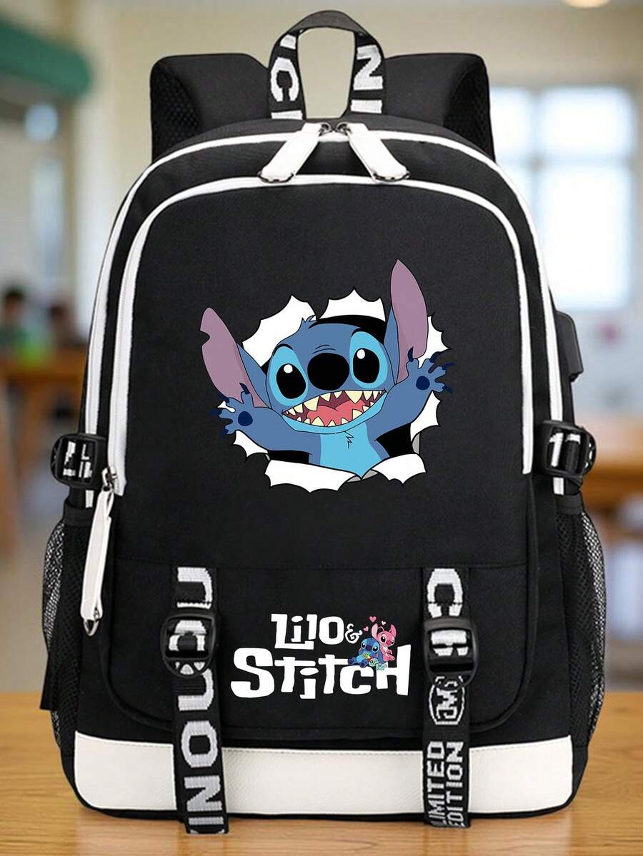 1pc Durable Cartoon Stitch Printed Backpack - Large Capacity Polyester Backpack, Zipper Closure, Multi-Compartment Design, Lightweight & Foldable, Suitable For School And Travel, Washable, Backpack | Ibrant Backpack | Durable Backpack - Multicolor - View 1