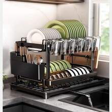 1pc Double-Layer Steel Dish Drying Rack With Cutlery Holder, Cup Rack And Extra Drip Mat, Space-Saving, Rust-Resistant, Kitchen Storage Essential, Sturdy Construction, Holds Plates, Cups And Utensils, Easy To Clean - Multicolor - View 4