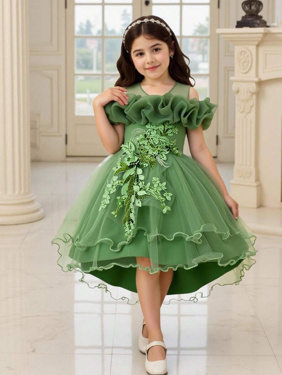 儿童亮片泡泡袖薄纱公主裙,花童派对礼服,适合小女孩生日/洗礼 - 綠色 - 查看 1