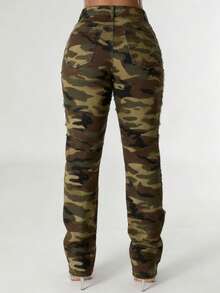 GLOURI Women's Camo High-Waisted Pants - Pearl Chain Accent & Ripped Detail | Edgy Dazzling Style For Music Festivals, Night Out Gatherings & Fashion Events (Slim-Fitting Silhouette & Eye-Catching Chain Detail) For Bold Stylish Looks - 迷彩 - 查看 2