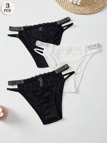 APRSEA 3 PSC Of Women's Letter LOVE Sexy Panties Lace Splicing Charming Mature Black Triangle Pants Shiny Ladies' Knickers - Multicolor - View 2