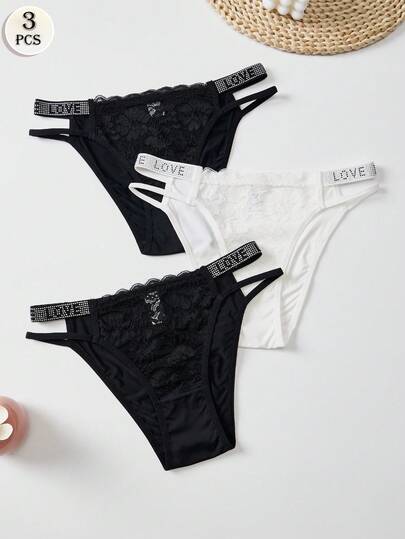 APRSEA 3 PSC Of Women's Letter LOVE Sexy Panties Lace Splicing Charming Mature Black Triangle Pants Shiny Ladies' Knickers