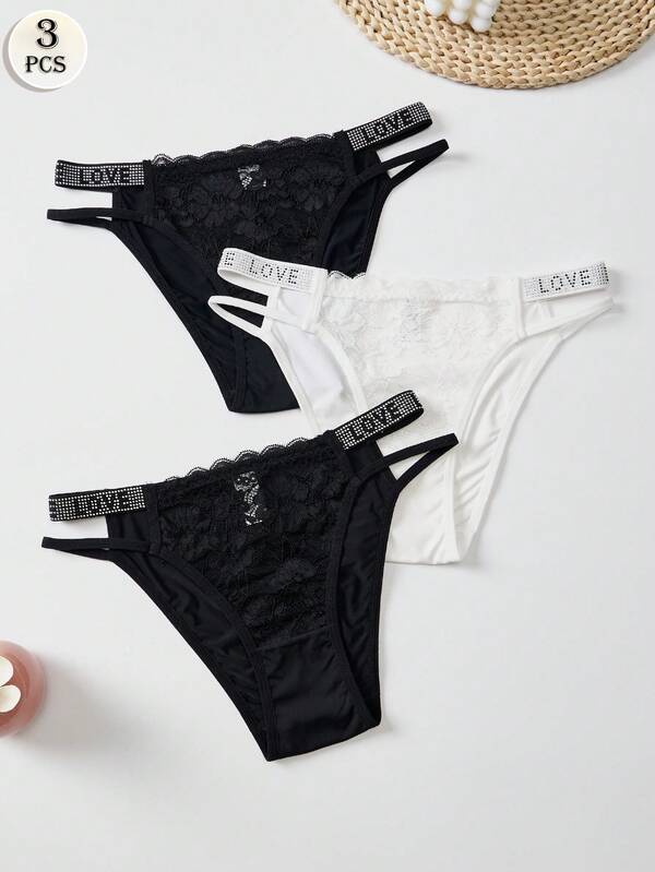 APRSEA 3 PSC Of Women's Letter LOVE Sexy Panties Lace Splicing Charming Mature Black Triangle Pants Shiny Ladies' Knickers