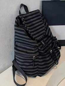 Women's Fashion Striped Drawstring Flap Backpack, Large Capacity Multi-Pocket Design With Laptop Compartment, Casual Campus Student Youth Travel Commuter Backpack - Multicolor - View 8