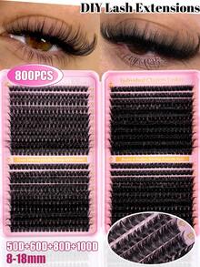 MEM 800/300/290/270pcs Individual False Eyelashes, 8-16mm D Curl Lash Extension Kit With Glue And Sealant, DIY Eyelash Extension Tools, Suitable For Beginners, Travel, Daily Wear, Wedding, Date, Party, Holiday - Christmas/Halloween/Gift - 黑色 - 查看 10
