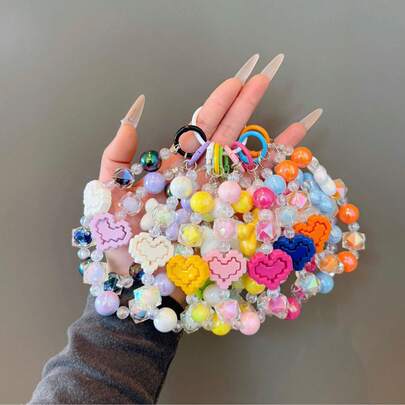1pc Colorful Heart Beaded Phone Lanyard Keychain, Cute For Bag, Key, Student, Christmas, Gothic Y2K, Halloween, Teacher's Day, Crystal Anti-Lost String