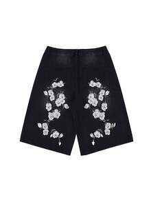 Shorts jeans masculinos retos e folgados com bordado floral, estilo casual streetwear hip hop. - Preto - Ver 4