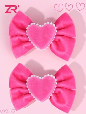2 pezzi Fermagli per capelli a fiocco in velluto rosa con amore per ragazze e adolescenti, fermagli a coccodrillo, fiocchi per capelli dolci e carini, accessori per capelli di San Valentino, mollette, accessori per capelli di San Valentino, regalo