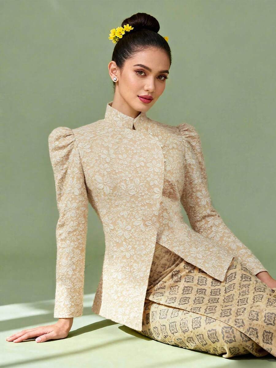 Elegant Modern Malaysian Nyonya Style Women's Top, Stand Collar Design, Asymmetrical Neckline, Graceful 3D Floral Pattern, Suitable To Pair With Women's Blouses, Tops, Nyonya Style Tops And Traditional Malaysian Nyonya Tops, Eid Clothes - Champagne - View 1