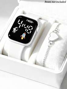 一套休闲时尚LED宇航员火箭图案青少年电子手表和宇航员手链，心形手链套装，情人节特惠，适合日常、节日、派对佩戴 - 彩色 - 查看 10