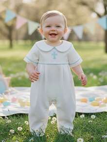 Infant Baby Boy Girl Easter Jumpsuit Blue Trim Cross Embroidery Short Sleeve Peter Pan Collar Romper Newborn Cute One Piece Bodysuit - 白色 - 查看 7