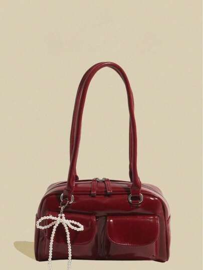 1pc FEISTURE Solid Color PU Multi-Pocket Bowling Bag, Crossbody/Underarm Women's Bag (With Faux Pearl Charm), Suitable For Shopping, Dating, Women's Gift, Fit For Teenage Girls, College Students, Beginners And Office Workers, Ideal For Office, College, Work, Commuting, Perfect Valentine's Day Gift For Her, Best Valentine's Gift Choice Ever Valentines, Fashionable Bow Purse For Women