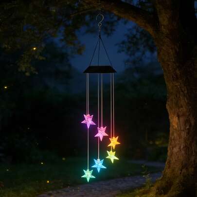 Soldriven stjärnvindklocka trädgårdsdekorationslampa, färgglad utomhusvattentät hängande LED-lampa