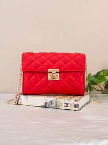Rhombus Chain Crossbody Bag, Rhombus Pattern Shoulder Bag, Fashionable Flap Chain Crossbody Bag For Women - Red - View 1