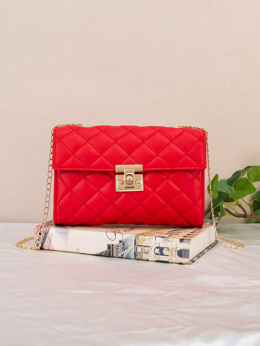 Rhombus Chain Crossbody Bag, Rhombus Pattern Shoulder Bag, Fashionable Flap Chain Crossbody Bag For Women - Red - View 1