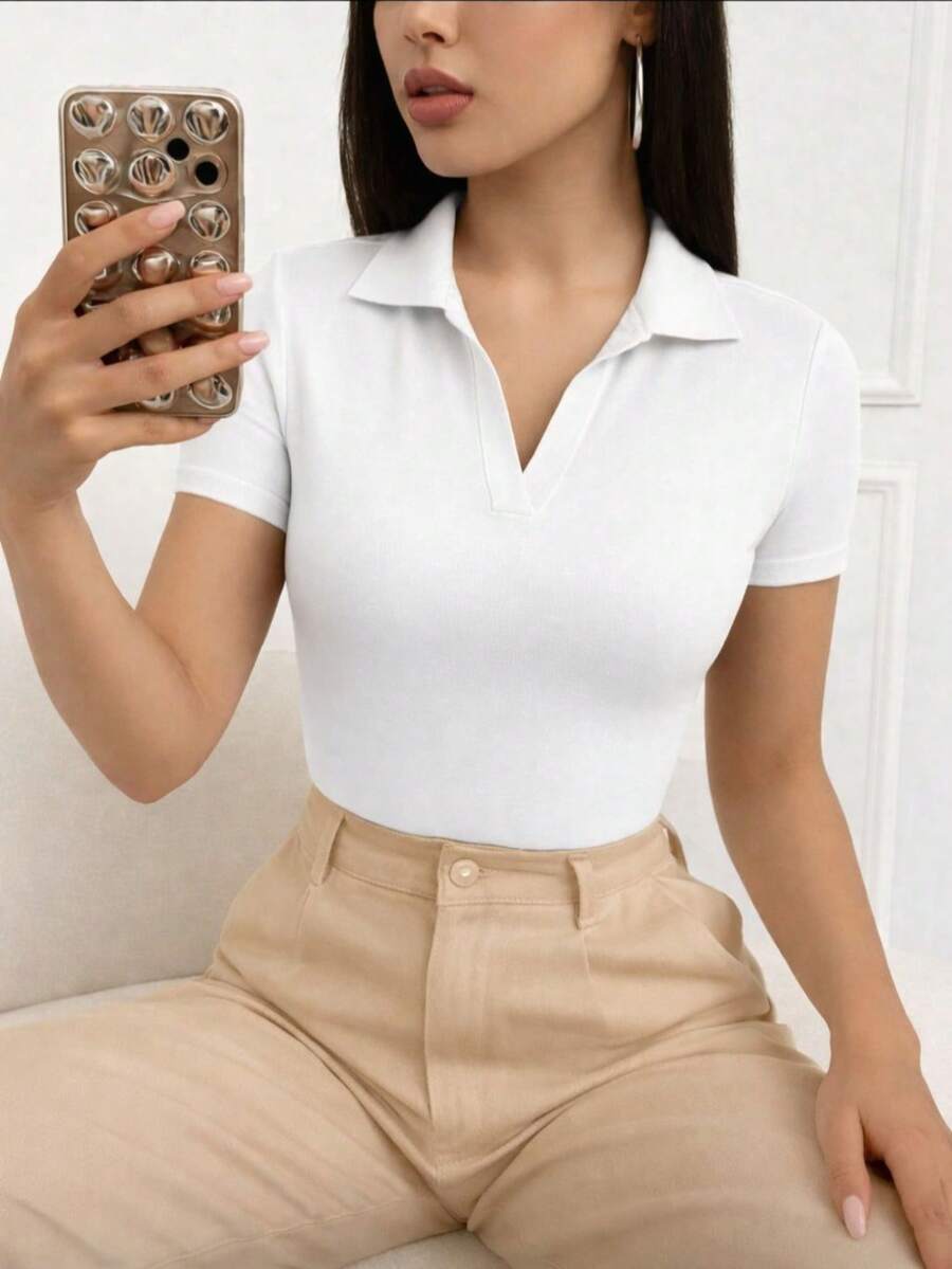 Blusa Camiseta Gola Polo Moda Feminina Básico Casual Ribana Premium - Branco - Visão 1