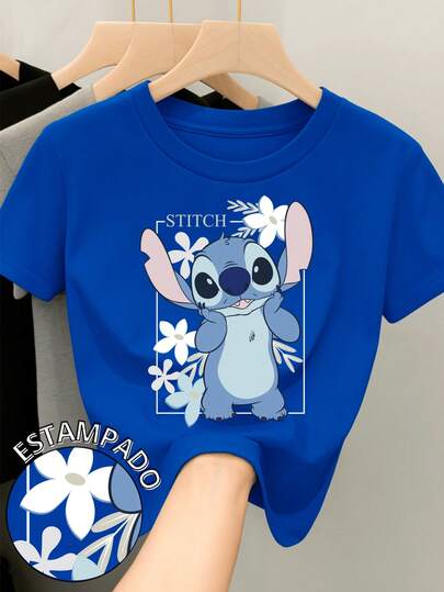  Camiseta para mujer de 100% algodón con cuello redondo y manga corta Estampada original de Disney Película Lilo y Stitch ideal para festividades del día del amor y el amigo Febrero Regalo ideal Primavera Verano Otoño Invierno Stitch tierno y esponjoso