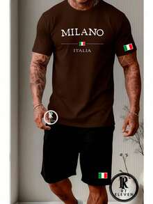 Milano Italy Street Fashion Printed T-Shirt + Sweat Shorts Set. T-Shirt Made Of 100% Cotton, Premium Line. Sweat Shorts With Pocket. - Áo thun màu nâu, quần short Bermuda màu đen - Xem 2