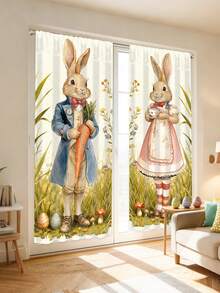 2pcs Easter Bunny Curtains, Countryside Couple Rabbit Carrot Egg Print Curtains, Creating A Cozy Easter Atmosphere, Ideal For Easter Party Decor, Suitable For Living Room, Bedroom, Dining Room And More, Can Be Used As Curtain Decor, Room Decor Background, Polyester Rod Pocket, Also A Great Easter Gift. - Easter Bunny - View 3