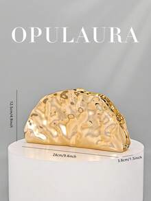 OpulAura 复古贝壳纹理金属手拿包，闪亮金色派对礼服配饰，不对称设计，磁扣闭合，完美适用于派对、婚礼、舞会、盛大晚宴。适合女性在生日派对、婚礼和舞会等场合使用，配有可拆卸链条肩带。 - 金色 - 查看 5