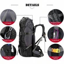 Mochila impermeable de 60L para senderismo y camping con cubierta de lluvia, mochila grande para deportes al aire libre, viajes y escalada - Negro - Ver 3