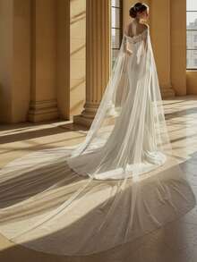 1 pièce Cape de mariée longue élégante avec bordure en dentelle, épaules dénudées, 3 mètres de long, accessoire de robe de mariée de luxe pour cathédrale, cape pour soirée, événement formel ou représentation - châle - Voir 7