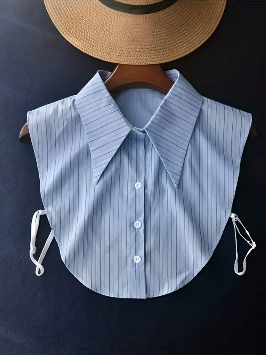1pc Women's Striped Detachable - Blue Vertical Stripe, Half Shirt Shirt Insert, With Buckle Front And Adjustable Tie Collar, Suitable For Layering Or Standalone Wear, Fashionable Layering Piece With Elegant And High-Quality Construction - Navy Blue - View 1