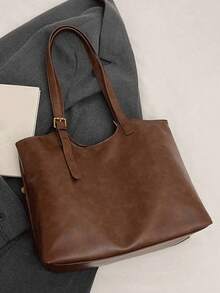 Bolso de mano de gran capacidad de unicolor clásico y elegante, con diseño de decoración con letras, sin decoración de colgante, de tela impermeable, adecuado para viajes, compras, ir al trabajo y salir de fiesta. - Marrón - Ver 9