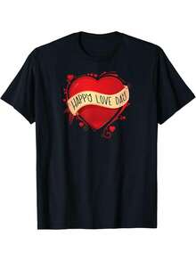 T-shirt homme amusant pour la Saint-Valentin - Motif << Joyeuse Saint-Valentin » avec cœur rouge et flèche, 100 % coton 180 g/m², manches courtes, col rond, idéal pour une tenue décontractée, un cadeau romantique ou un look casual. - Noir - Voir 1
