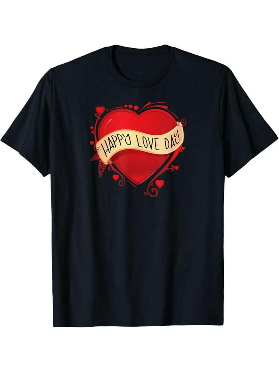 T-shirt homme amusant pour la Saint-Valentin - Motif << Joyeuse Saint-Valentin » avec cœur rouge et flèche, 100 % coton 180 g/m², manches courtes, col rond, idéal pour une tenue décontractée, un cadeau romantique ou un look casual. - Noir - Voir 1