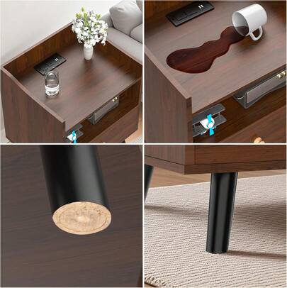 Mesita de Noche, Buró para Recamara, Vintage con Estación de Carga, 3 Niveles de Almacenamiento, 1 Cajones, Puertos USB y Tomas de Corriente - Buró Multifuncional para Dormitorio y Sala de Estar