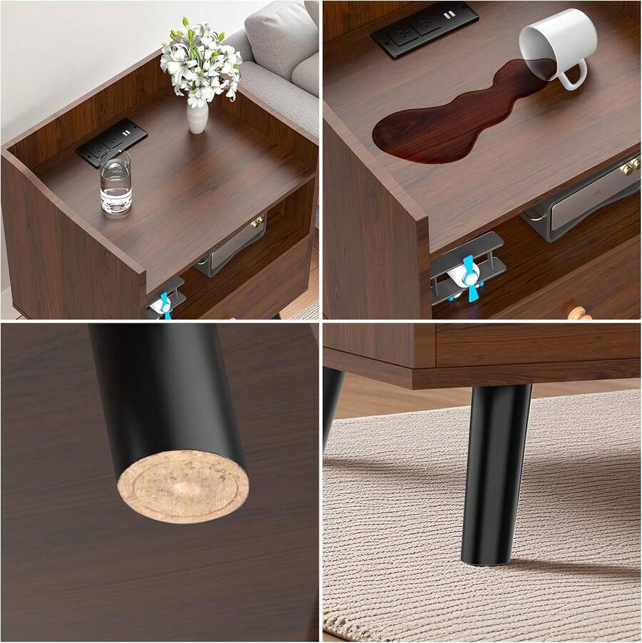 Mesita de Noche, Buró para Recamara, Vintage con Estación de Carga, 3 Niveles de Almacenamiento, 1 Cajones, Puertos USB y Tomas de Corriente - Buró Multifuncional para Dormitorio y Sala de Estar - 1 - Ver 1