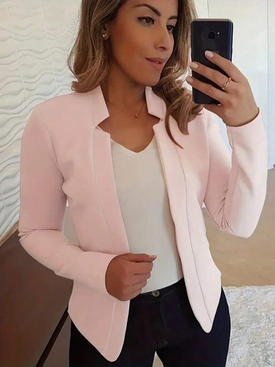 Ladies' Elegant Solid Color Blazer - Four-Season Versatile Blazer, Machine Washable, For Casual & Professional Wear, Opaque Fabric, Classic Office Jacket, Wrinkle-Resistant, Lightweight Staple Piece - 杏色 - 查看 1