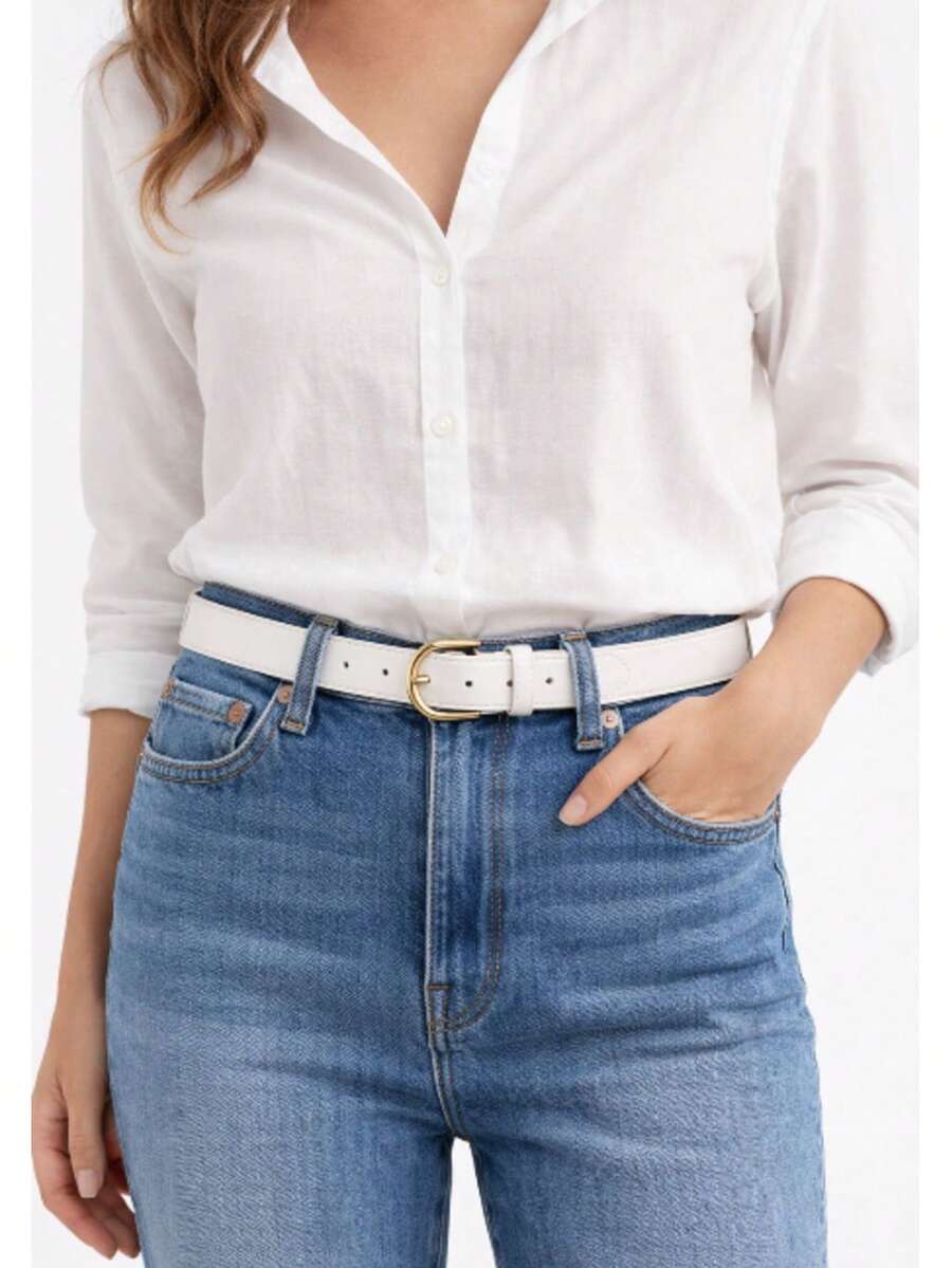 Cinto de Couro Feminina Casual Luxo-Fivela Dourada 115cm- - Branco - Visão 1