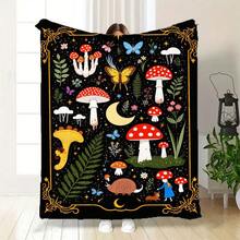 Whimsical Fairy Tale Black Blanket With Golden-Yellow Border - Illustrated Red/Yellow Mushrooms, Butterflies, Moon, Stars, Ferns, Flowers, Snail, Dog & Blue-Dressed Figure, Playful Magical Desi - 白色 - 查看 6