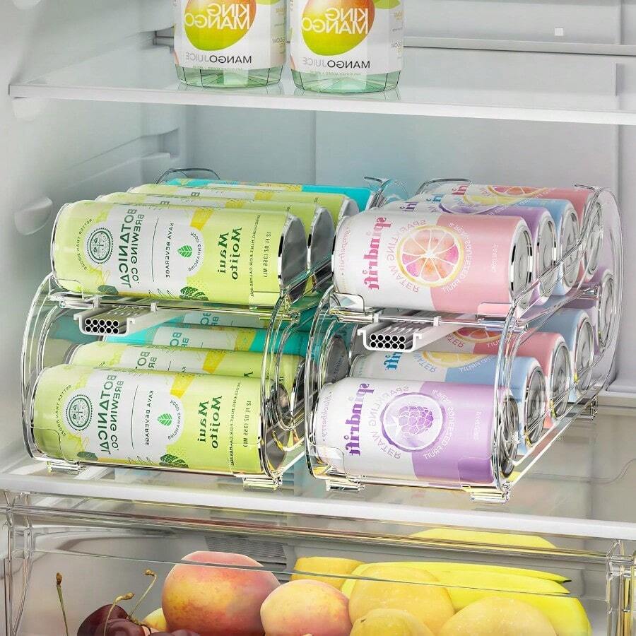 Organizador de latas de soda paquete de 2 organizadores automáticos de latas enrollables para refrigerador dispensador de latas de doble tamaño para almacenamiento de nevera y despensa organizador - Transparente - Ver 1