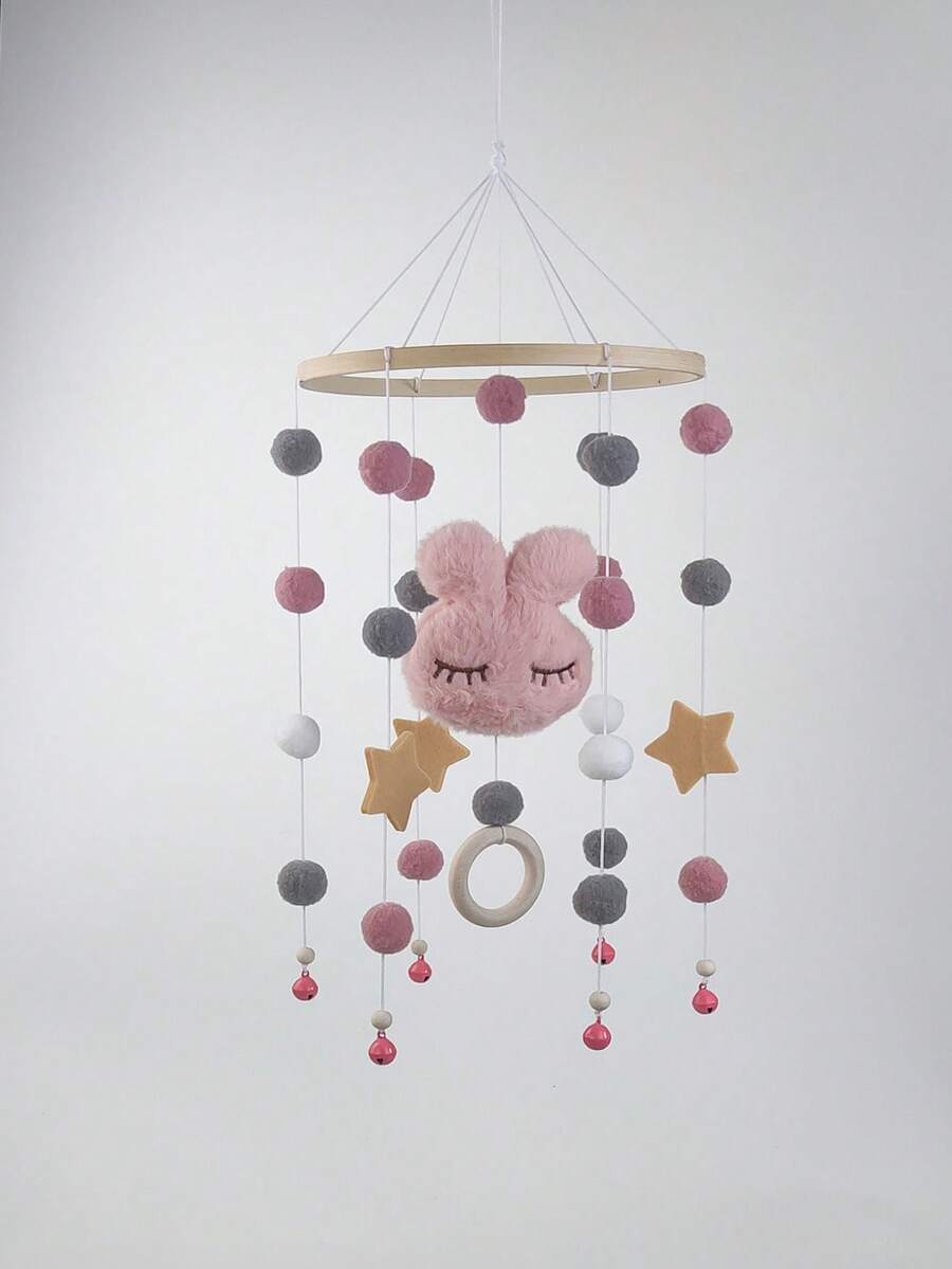 Rabbit Head & Pentagram Squinting Bamboo Wooden Wind Chime Bed Bell, Nursery Decor For Infants & Toddlers - Pink - View 1