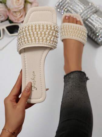 Size 41 Yellow Women's Slide Sandals, Square Toe Flat Sandals For Spring/Summer, Suitable For Dresses To Make Legs Look Longer, Fashionable Rhinestone Strap Slippers, Beautiful Girls Beach Shoes, Non-Slip Indoor Slippers, Lovely Girls Plastic Slippers Size 43