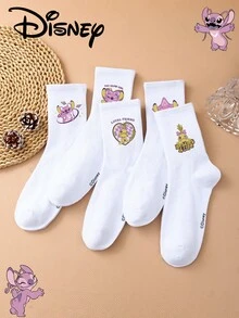 1 Pair/5 Pairs/10 Pairs Women's Mid-Calf Socks - Disney Stitch Pattern, Couple Mid-Calf Socks, Solid White Sports Mid-Calf Socks, Versatile Style, Suitable For Daily Wear And As Holiday Gifts - Multicolor - View 1